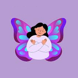 A woman crossing her arms across her chest and butterfly wings on her back